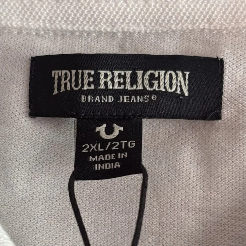 True Religion Shirt Polo Men’s Size 2XL White Black Silver Raised Lettering NEW